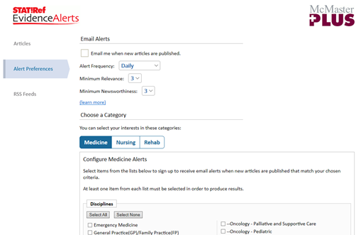 STAT!Ref and McMasters Plus Evidence Alerts Sign up section