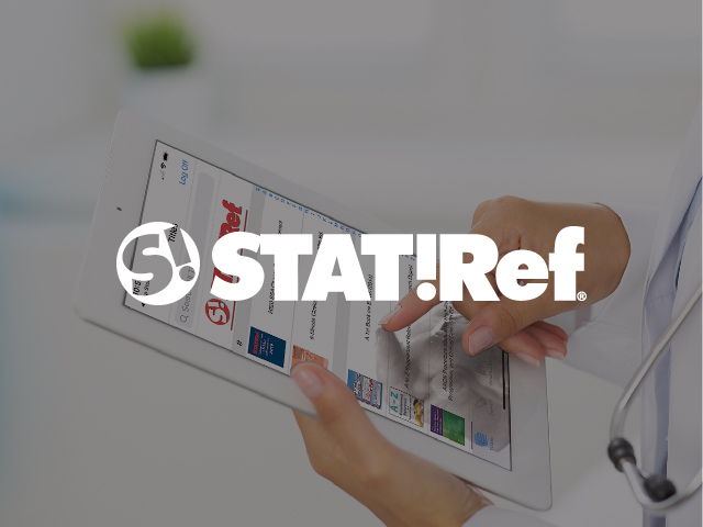 A female medical professional holding a smart phone displaying STAT!Ref Mobile